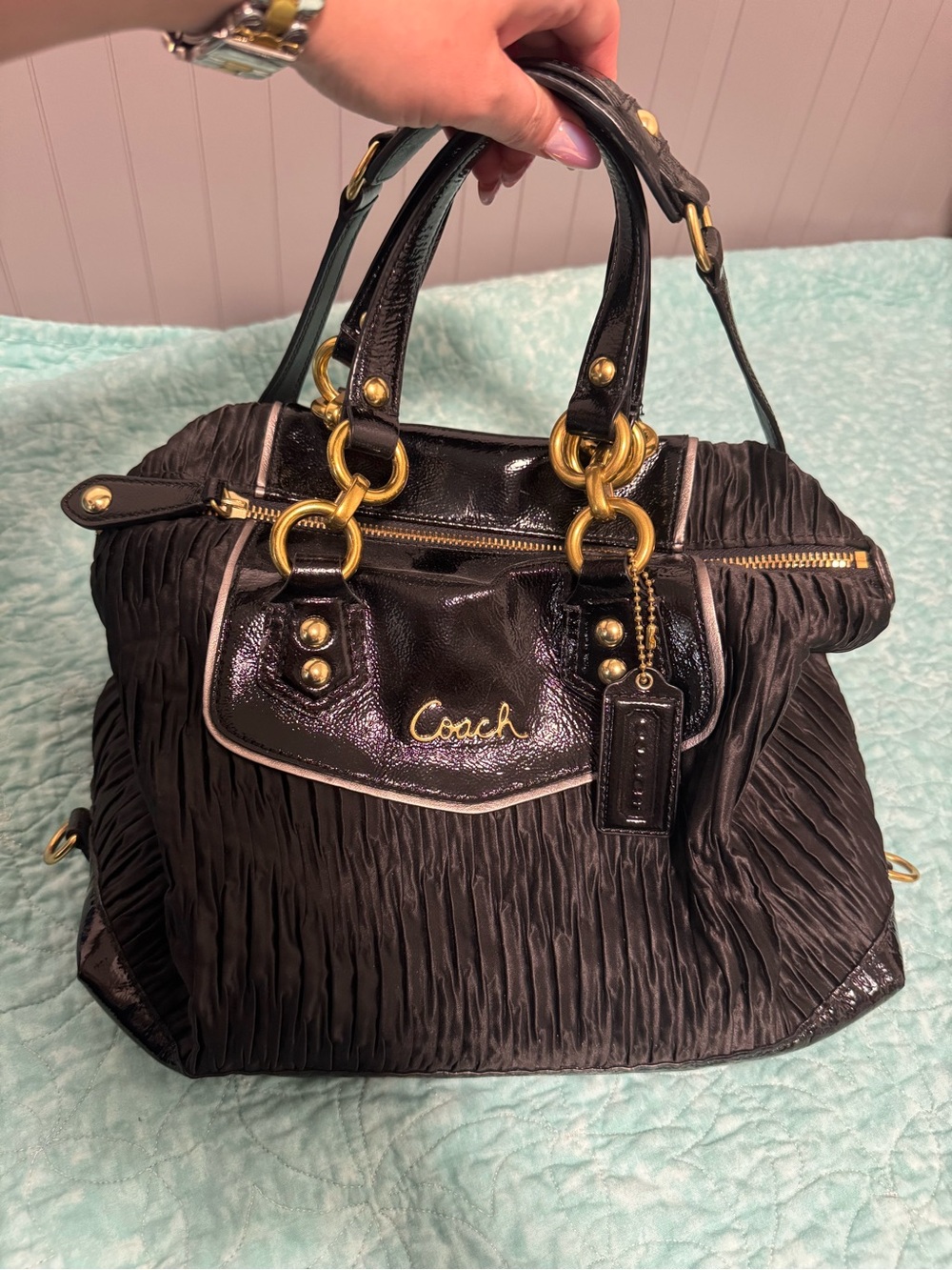 Coach Ashley Black Pleated Satin Satchel with Gold Hardware Accents